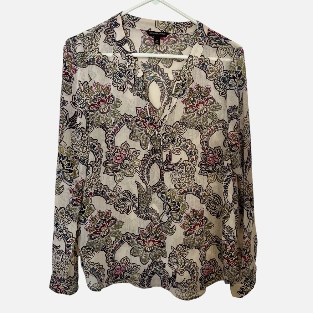 Banana Republic Factory Floral Sheer Popover Blouse Long Sleeve Sz M